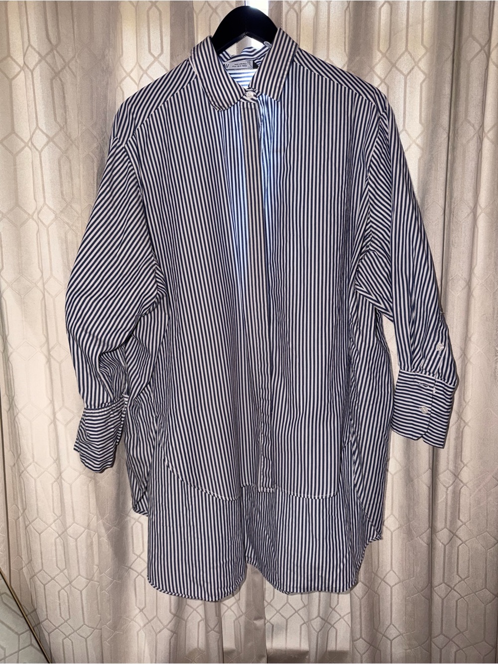 Women's Navy and White Stripe Button-Up Blouse
